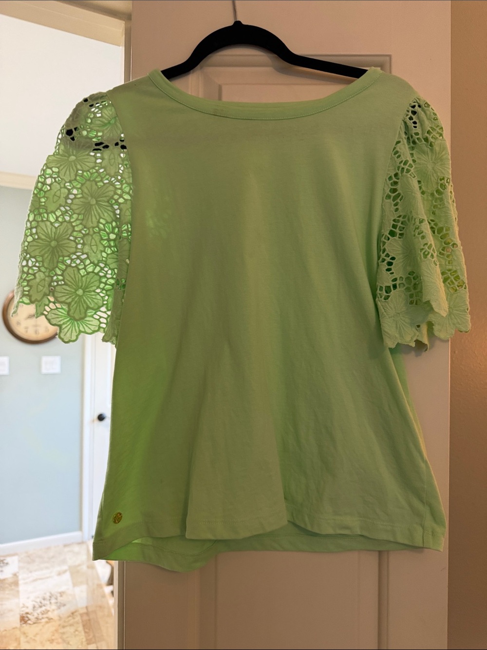 Lilly Pulitzer Light Green Short Sleeve Top with Crochet Floral Sleeves